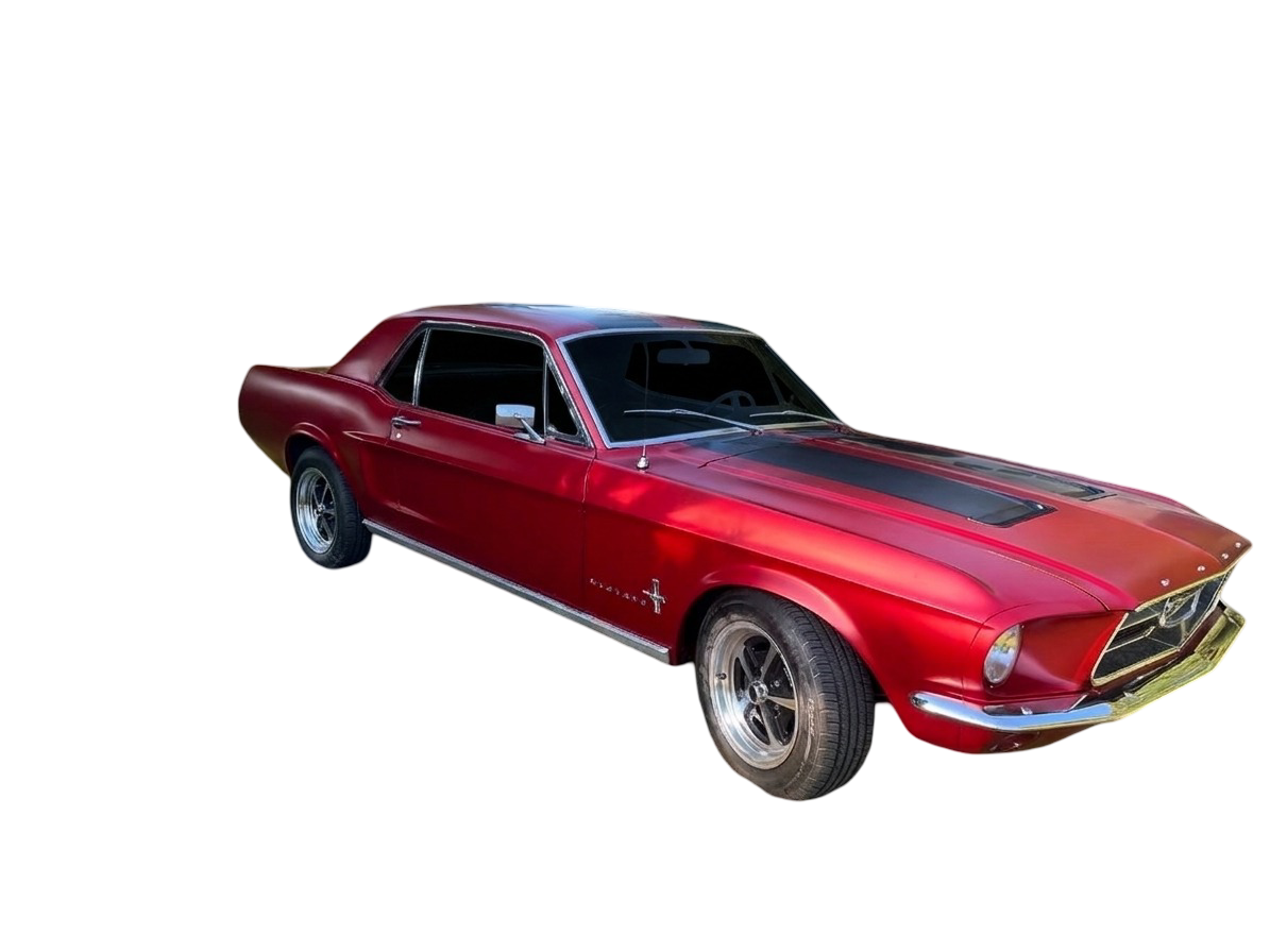1968 red Ford Mustang classic car against a black background.