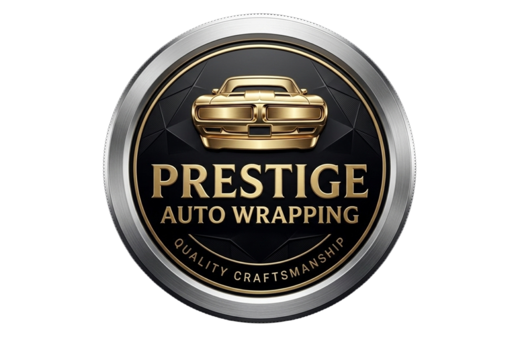 Circular luxury automotive badge logo for Prestige Auto Wrapping featuring a gold 3D muscle car icon and platinum outer ring on a black geometric background.